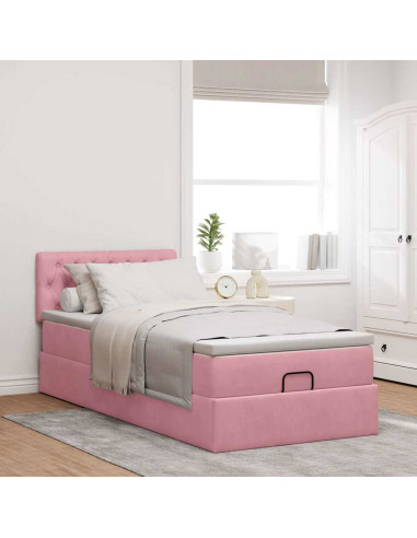 Struttura Letto Pouf con Materasso Rosa 100x200 cm Velluto