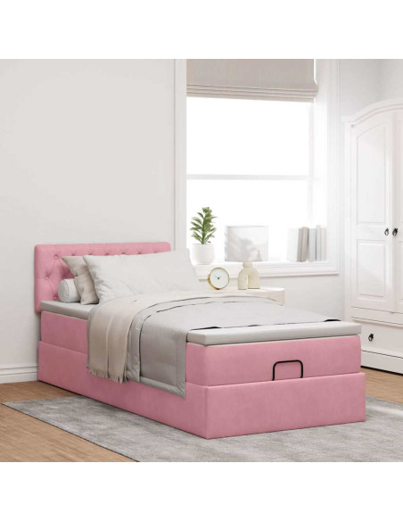 Struttura Letto Pouf con Materasso Rosa 100x200 cm Velluto