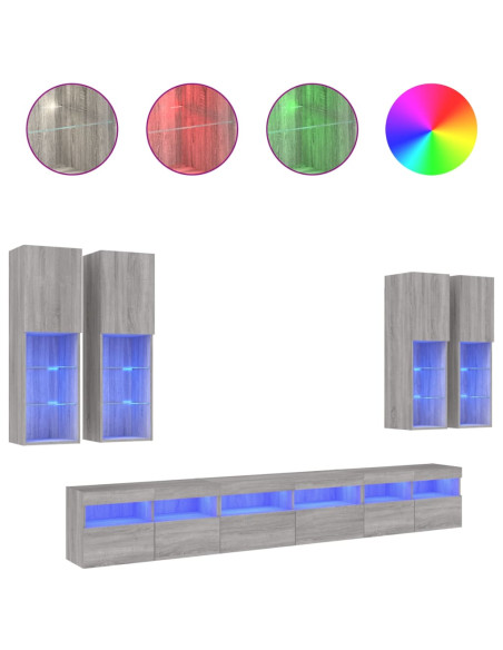 Set Mobili TV a Muro 7 pz con Luci LED Grigio Sonoma