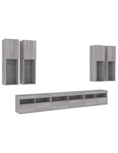 Set Mobili TV a Muro 7 pz con Luci LED Grigio Sonoma