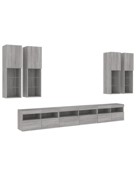 Set Mobili TV a Muro 7 pz con Luci LED Grigio Sonoma
