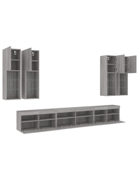 Set Mobili TV a Muro 7 pz con Luci LED Grigio Sonoma