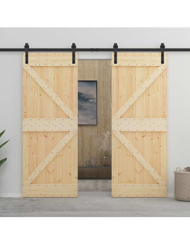 Porta scorrevole 2 pcs Naturale e Nero Legno Massello di Pino