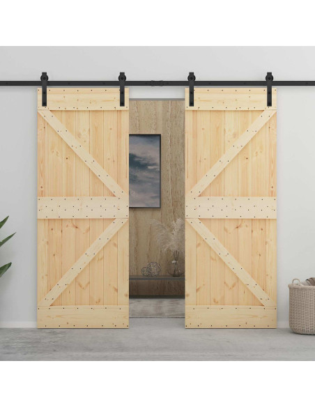 Porta scorrevole 2 pcs Naturale e Nero Legno Massello di Pino