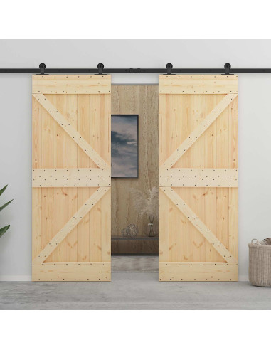 Porta scorrevole 2 pcs Naturale e Nero Legno Massello di Pino