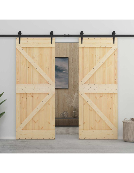 Porta scorrevole 2 pcs Naturale e Nero Legno Massello di Pino