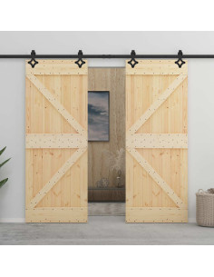 Porta scorrevole 2 pcs Naturale e Nero Legno Massello di Pino