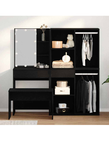Set da tavolo da trucco con LED con cassetto 4 pcs Rovere Nero