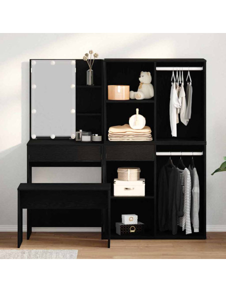 Set da tavolo da trucco con LED con cassetto 4 pcs Rovere Nero