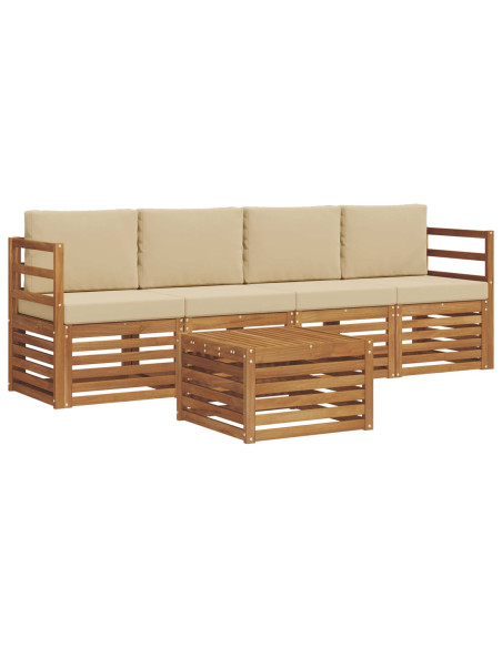 Set divani 5 pcs Naturale e Beige Legno di Acacia Massello