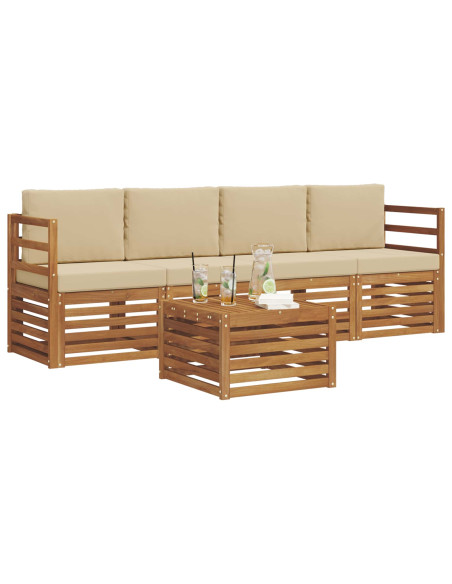 Set divani 5 pcs Naturale e Beige Legno di Acacia Massello