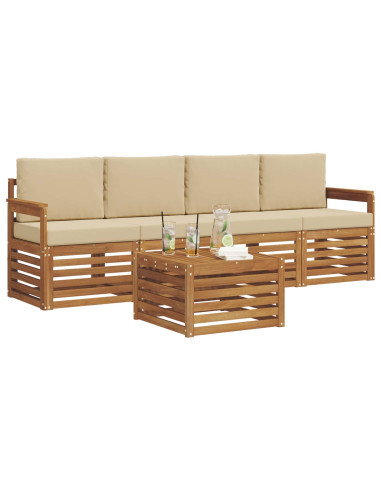 Set divani 5 pcs Naturale e Beige Legno di Acacia Massello