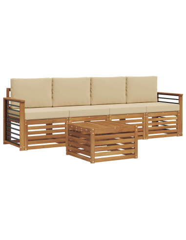 Set divani 5 pcs Naturale e Beige Legno di Acacia Massello