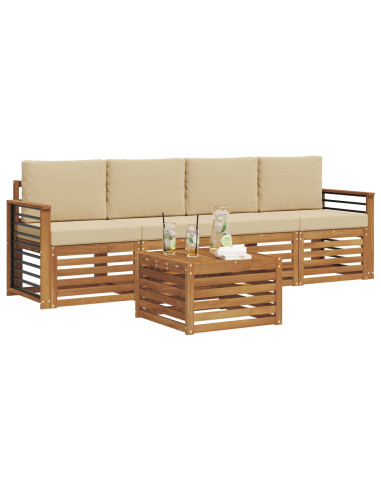Set divani 5 pcs Naturale e Beige Legno di Acacia Massello