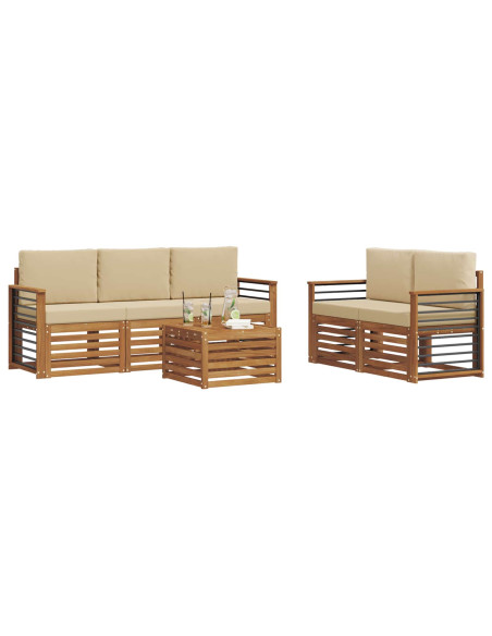 Set divani 6 pcs Naturale e Beige Legno di Acacia Massello