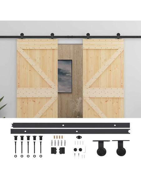 Porta scorrevole 2 pcs Naturale e Nero Legno Massello di Pino