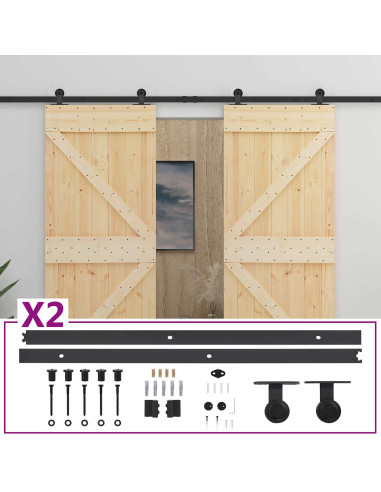Porta scorrevole 2 pcs Naturale e Nero Legno Massello di Pino