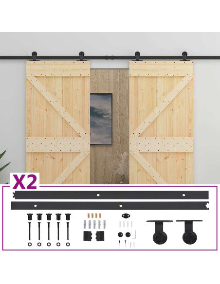 Porta scorrevole 2 pcs Naturale e Nero Legno Massello di Pino