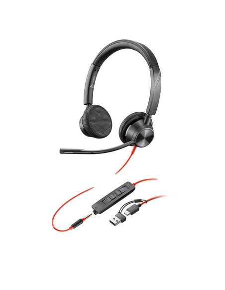HP Poly Cuffie stereo Poly Blackwire 3325 con connettore USB-C, certificate per Microsoft Teams + spina da 3,5 mm + adattatore U
