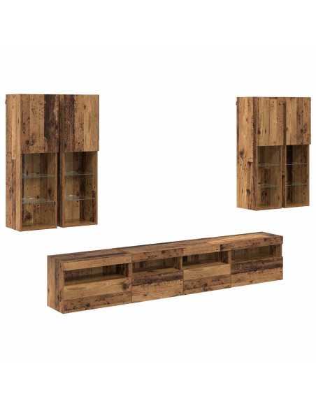 Set Mobile TV a Muro con Luci LED con led 7 pcs Legno vecchio
