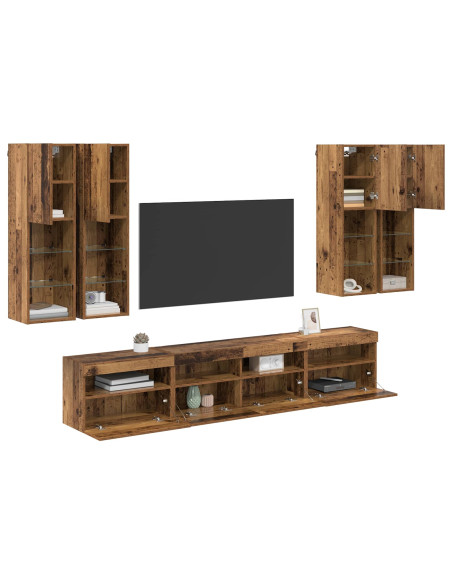 Set Mobile TV a Muro con Luci LED con led 7 pcs Legno vecchio