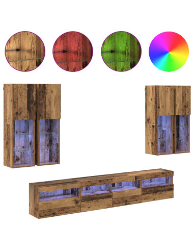 Set Mobile TV a Muro con Luci LED con led 7 pcs Legno vecchio