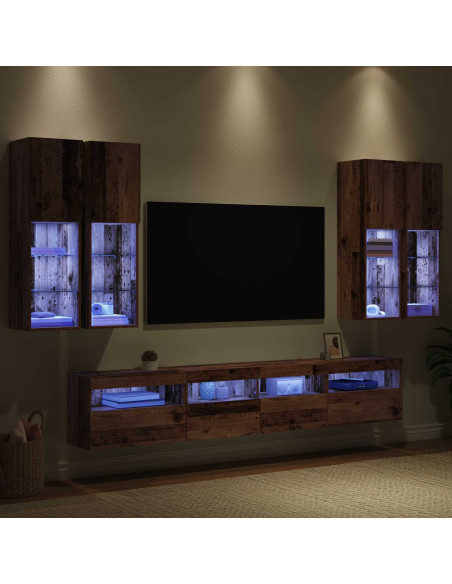Set Mobile TV a Muro con Luci LED con led 7 pcs Legno vecchio