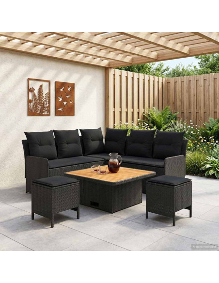 Set di Mobili con cuscino 6 pcs Nero Rattan in PE
