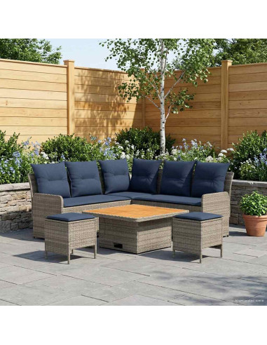 Set di Mobili con cuscino 6 pcs Grigio e Blu Navy Rattan in PE