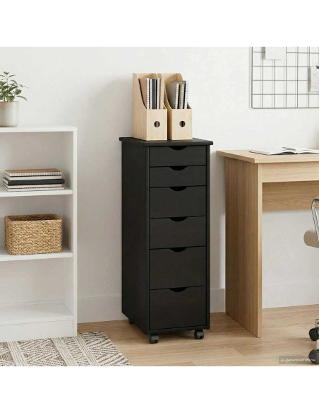 Mobile con Ruote Nero 34 x 39 x 93,5 cm Legno di Pino Massello