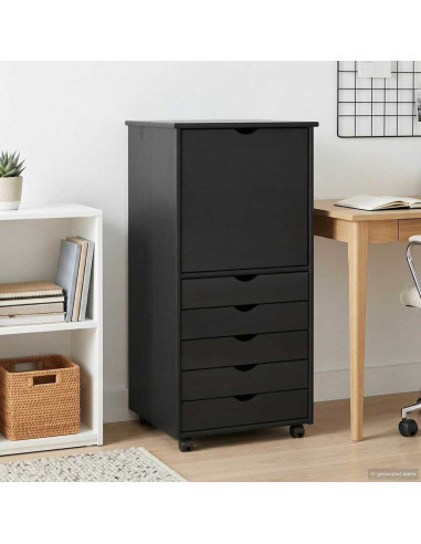 Mobile con Ruote Nero 53 x 39 x 103 cm Legno di Pino Massello