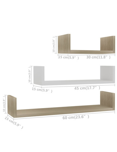 Mensole a Muro 3 pz Bianco e Rovere Sonoma in Legno Multistrato