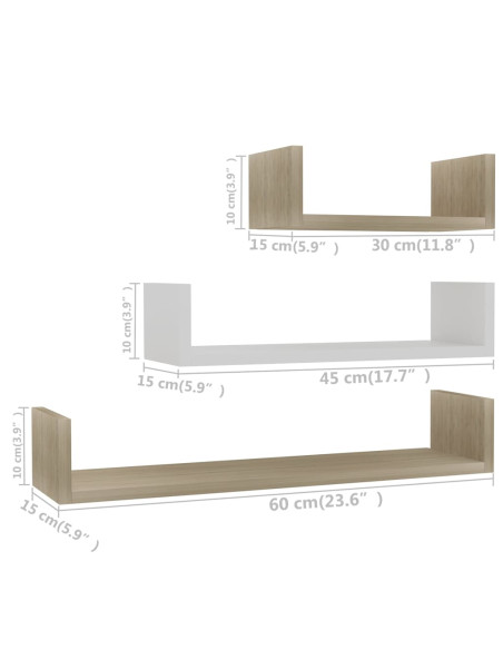 Mensole a Muro 3 pz Bianco e Rovere Sonoma in Legno Multistrato