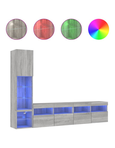 Mobili TV a Muro con LED 4pz Grigio Sonoma in Legno Multistrato