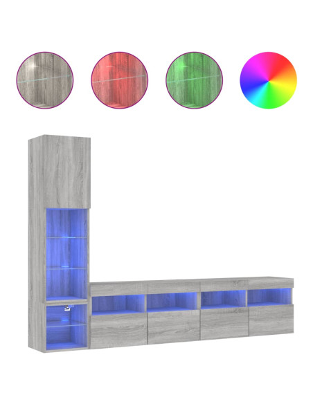 Mobili TV a Muro con LED 4pz Grigio Sonoma in Legno Multistrato
