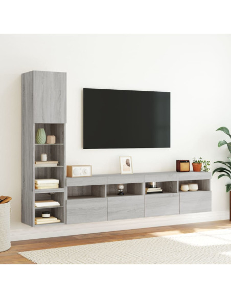 Mobili TV a Muro con LED 4pz Grigio Sonoma in Legno Multistrato