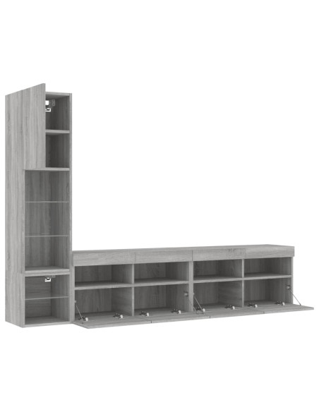 Mobili TV a Muro con LED 4pz Grigio Sonoma in Legno Multistrato