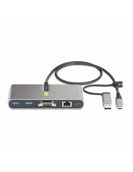 StarTech.com Hub USB-C a 2 porte con Ethernet e RS-232, dongle USB-C a USB-A collegato, 100W PD Pass-through, 2x USB-A 5Gbps, Gi