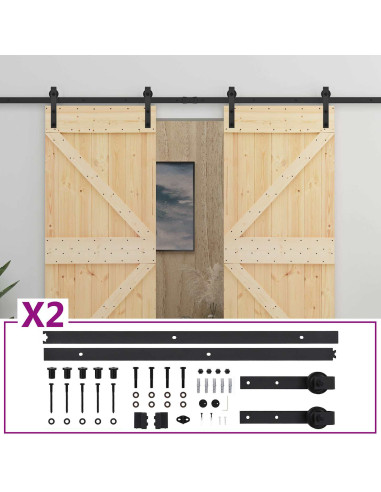 Porta scorrevole 2 pcs Naturale e Nero Legno Massello di Pino