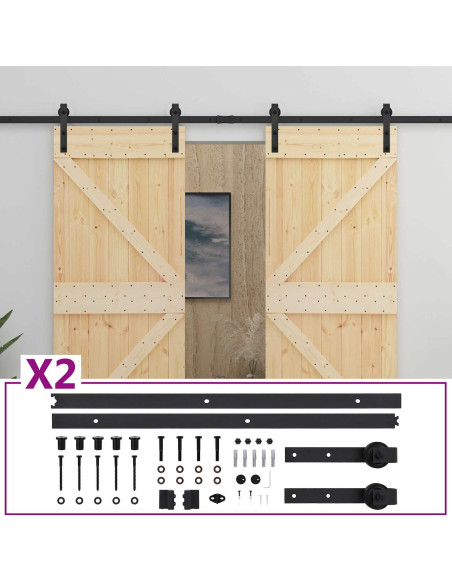 Porta scorrevole 2 pcs Naturale e Nero Legno Massello di Pino