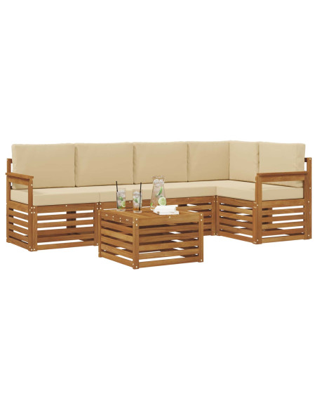 Set divani 6 pcs Naturale e Beige Legno di Acacia Massello