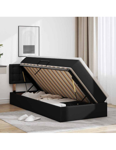 Letto con contenitore e LED Nero 90 x 200 cm Pelle Sintetica