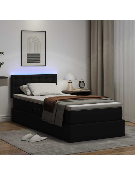 Letto con contenitore e LED Nero 90 x 200 cm Pelle Sintetica