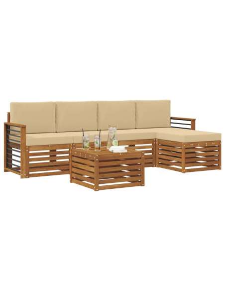 Set divani 6 pcs Naturale e Beige Legno di Acacia Massello