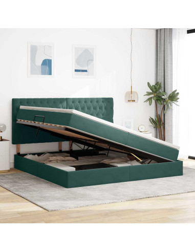 Letto con contenitore e LED Verde Scuro 200 x 200 cm Velluto
