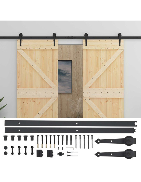 Porta scorrevole 2 pcs Naturale e Nero Legno Massello di Pino