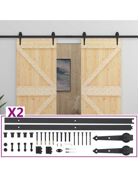 Porta scorrevole 2 pcs Naturale e Nero Legno Massello di Pino