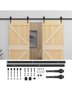 Porta scorrevole 2 pcs Naturale e Nero Legno Massello di Pino 2