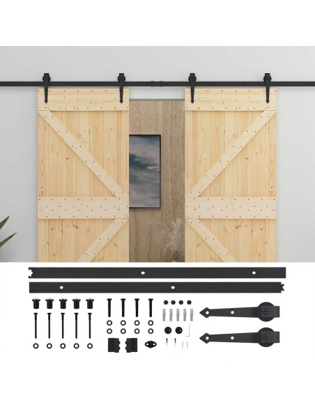 Porta scorrevole 2 pcs Naturale e Nero Legno Massello di Pino