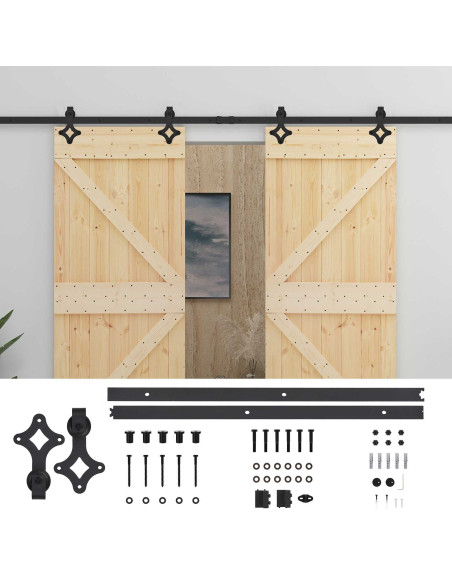 Porta scorrevole 2 pcs Naturale e Nero Legno Massello di Pino